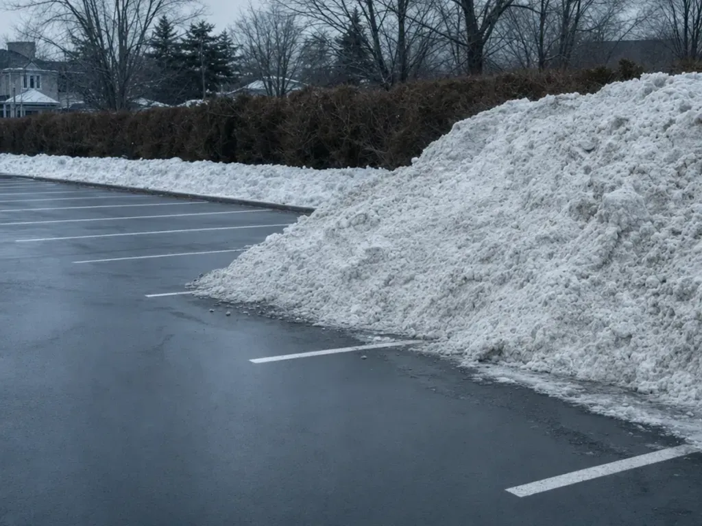 Commercial snow removal in Oakville: a bank of pushed snow filling the corner of a plowed parking lot