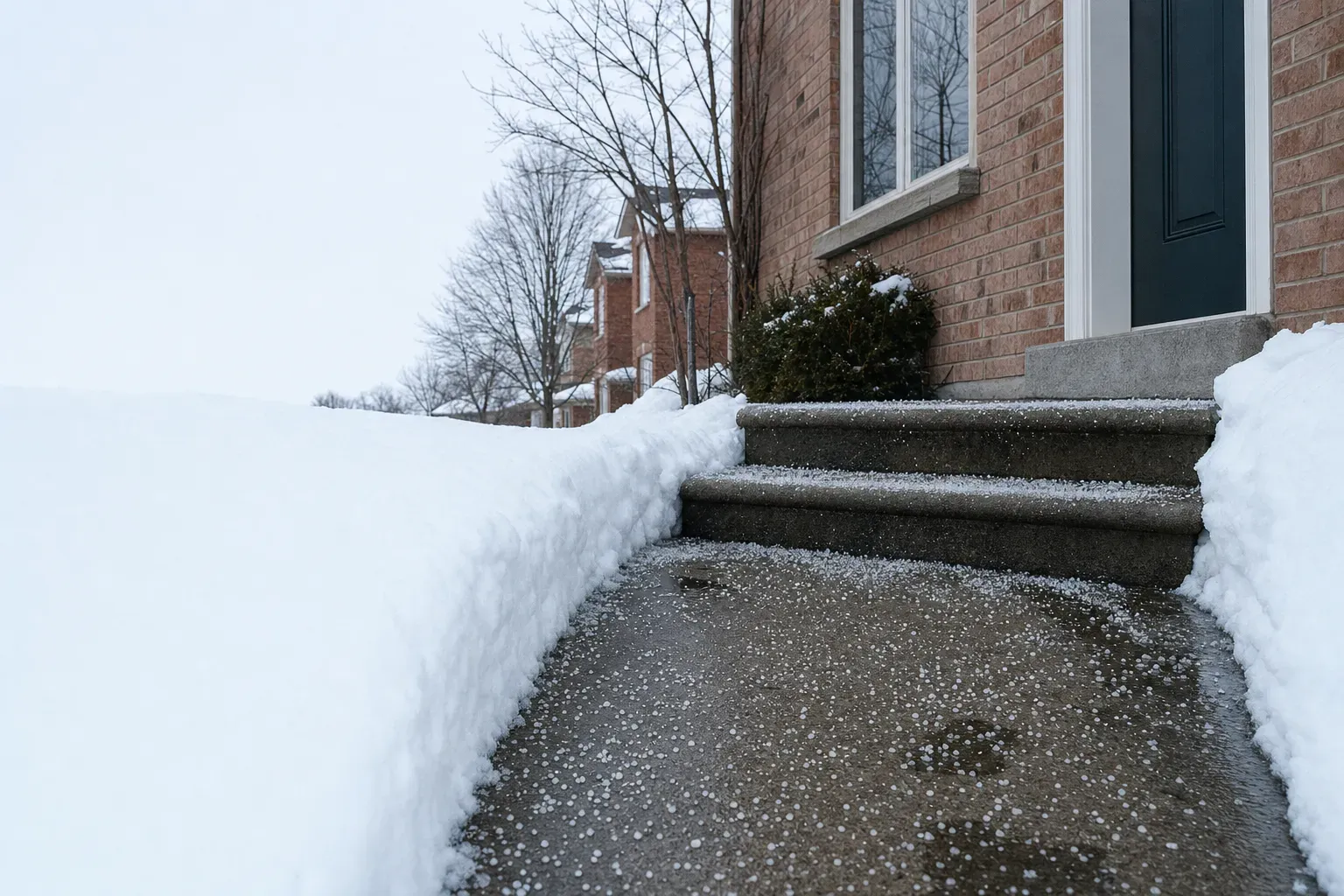 Salting and ice control in Oakville: rock salt on a cleared front walk and steps