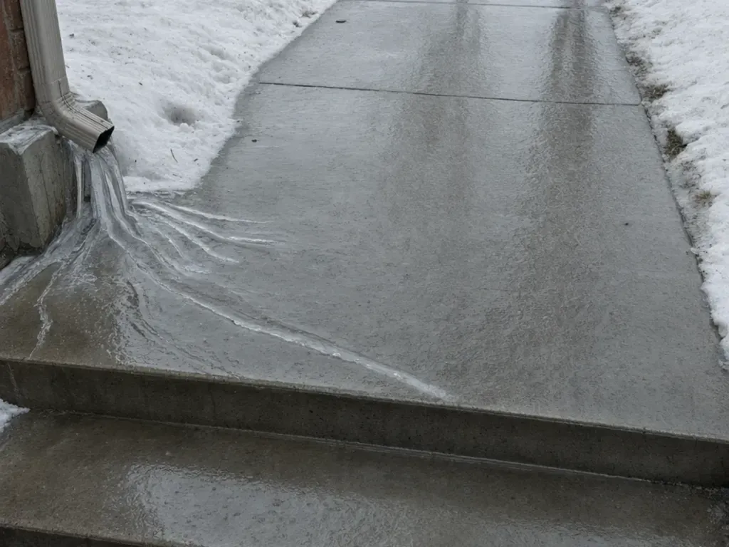 Refrozen meltwater across an Oakville walkway and steps before salting