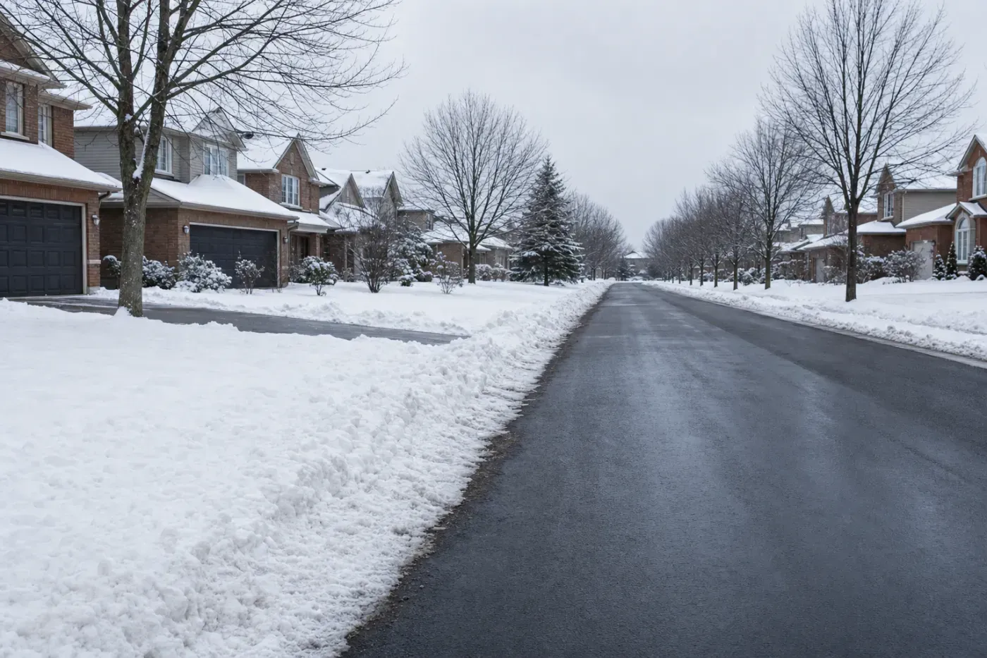 Plowed Oakville street with a bank of pushed snow along the curb line