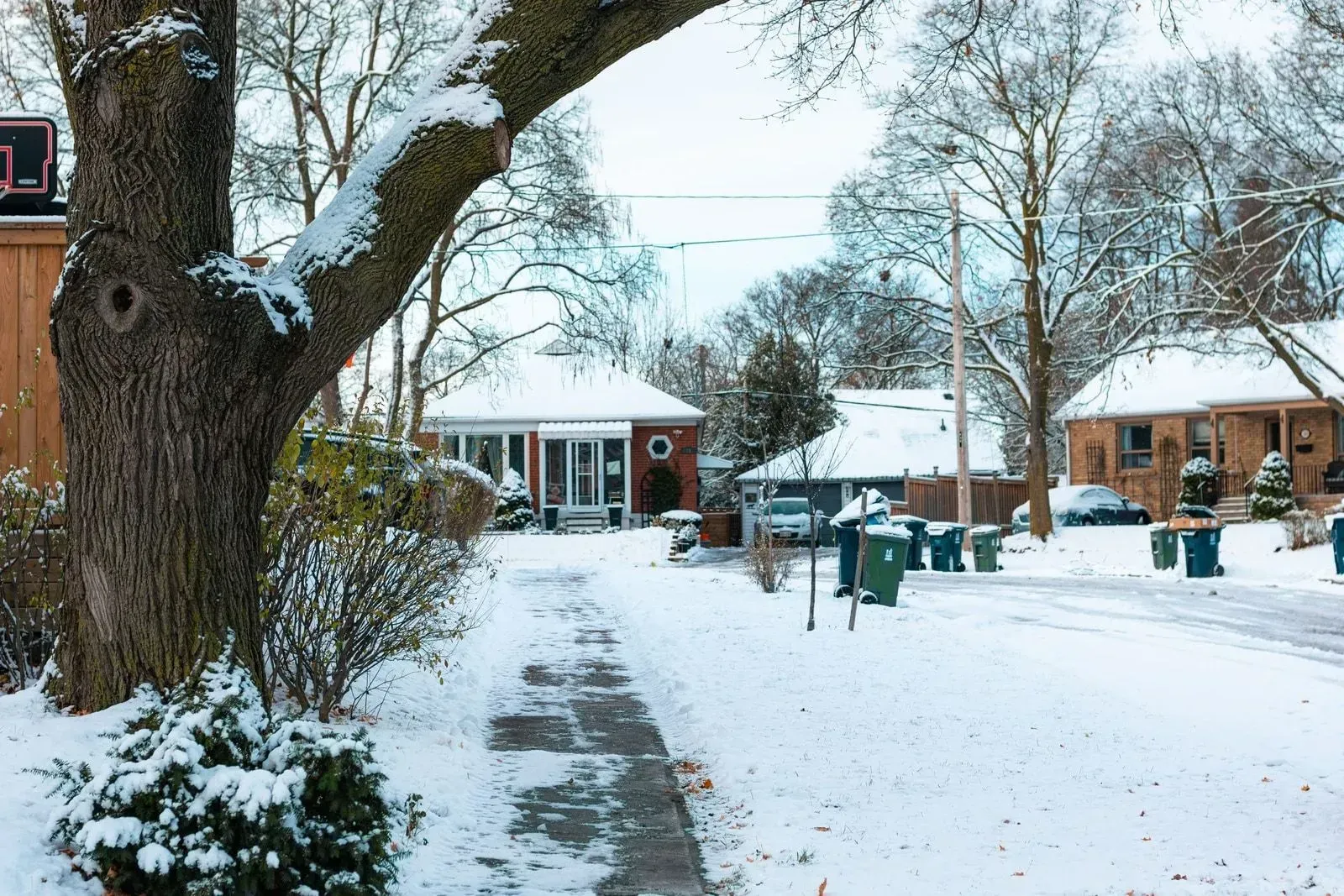 Snow removal in Oakville: a residential street of detached homes under fresh snow