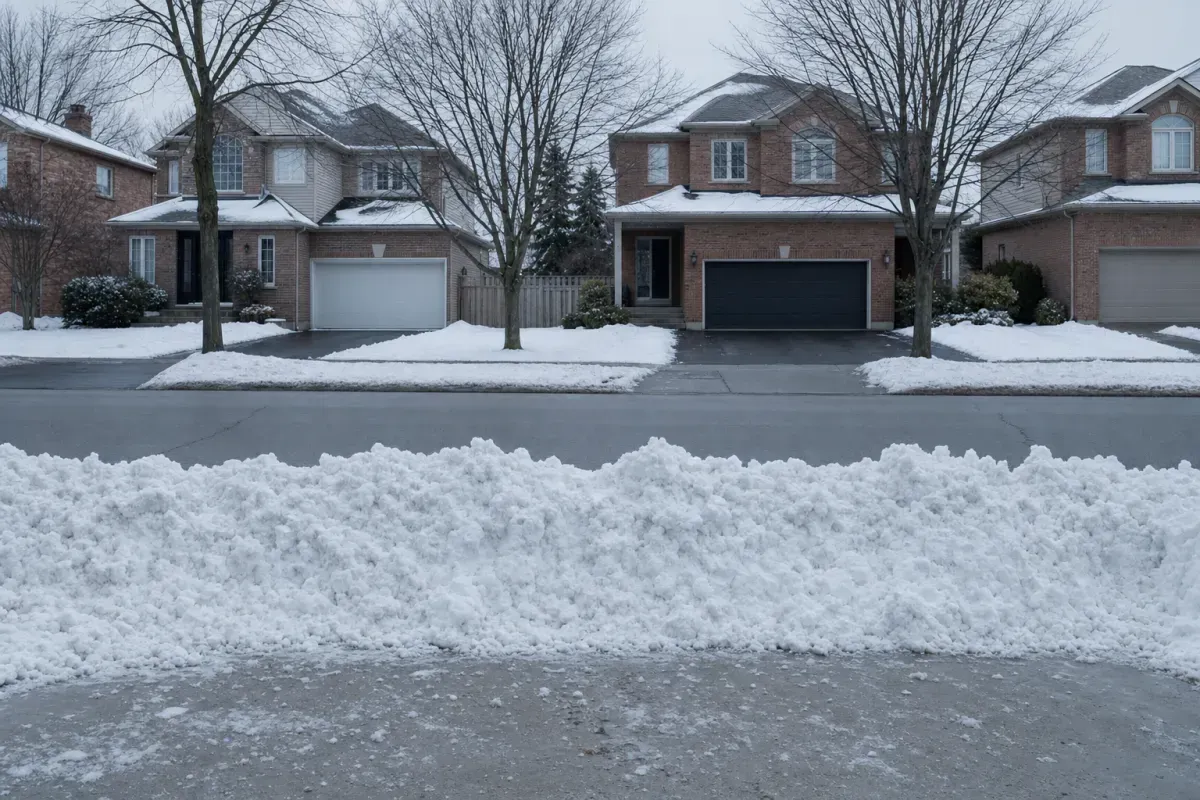 Windrow of packed snow across an Oakville driveway entrance after the road was plowed
