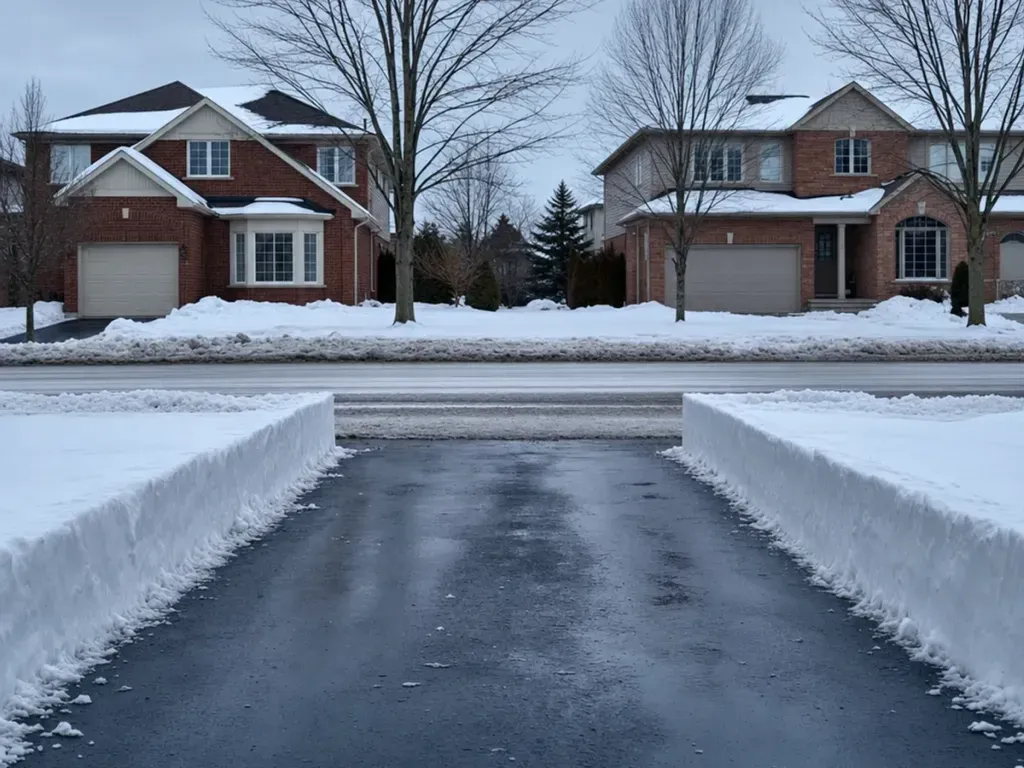 Cleared Oakville driveway entrance after windrow clearing, with the road plowed beyond